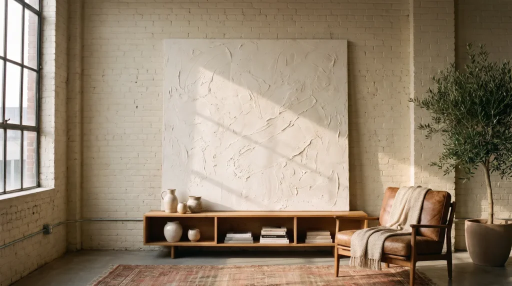 An oversized plaster canvas, taller than the console beneath it, with dramatic hand-troweled texture in off-white, leaning against a tall wall in a loft