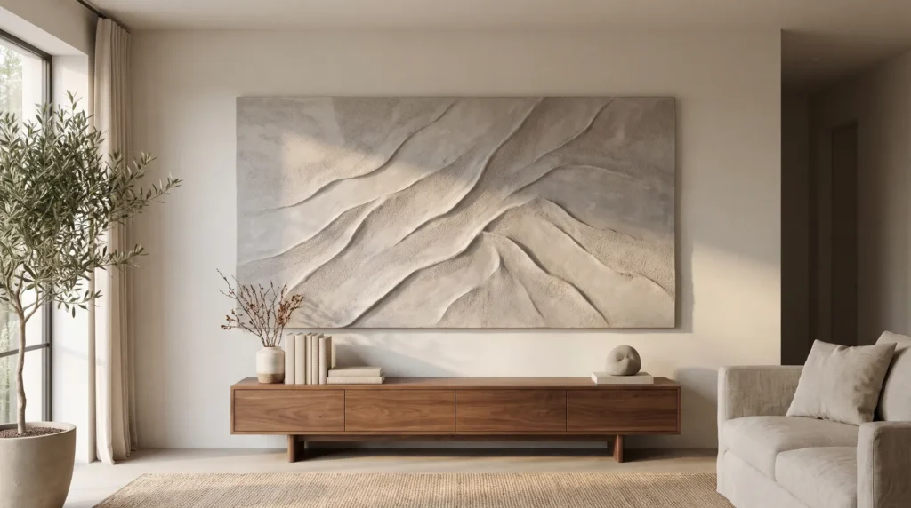 A wide abstract landscape plaster artwork with mountain-like ridges and soft grey-beige tones, hanging above a long low console
