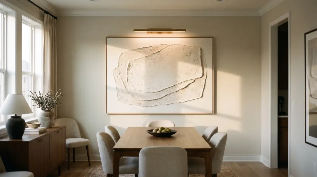 A gallery-grade sculptural textured canvas with deep layered relief in cream and stone, lit by a picture light, hanging in a refined dining room