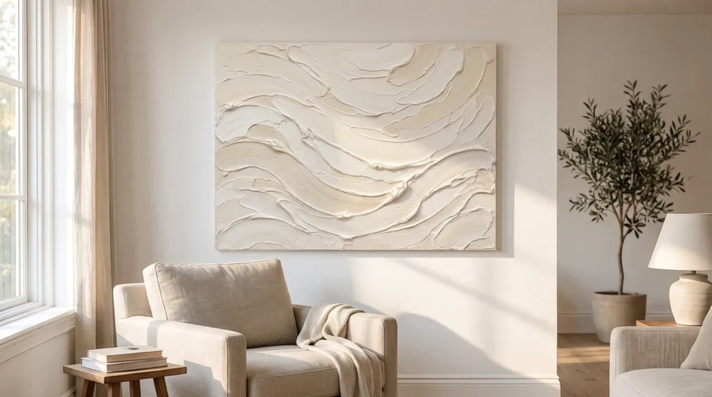 A flawless textured painting on canvas with layered palette-knife impasto waves in soft cream, hanging above a reading chair