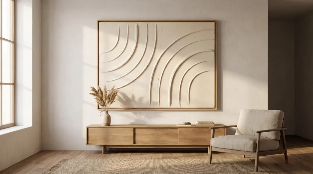 A textured canvas artwork that looks expensive, with refined sculpted arcs in warm cream, in a thin oak float frame above a sideboard