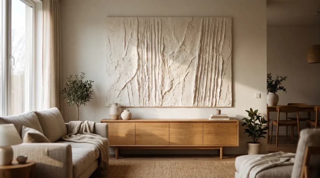 A large drywall-mud textured artwork with bold carved vertical ridges in warm white, hanging above a low oak sideboard