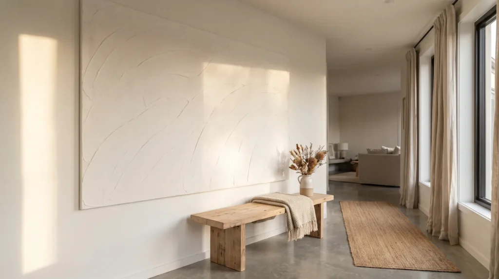A large minimalist plaster wall mural with soft sweeping trowel ridges in warm white covering a section of a hallway wall, simple wooden bench below