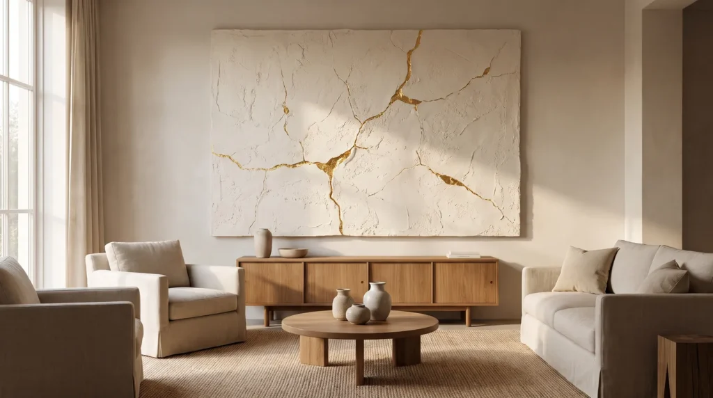 A plaster artwork with cracked texture filled with fine gold leaf seams, in ivory and gold, hanging in a softly lit living room