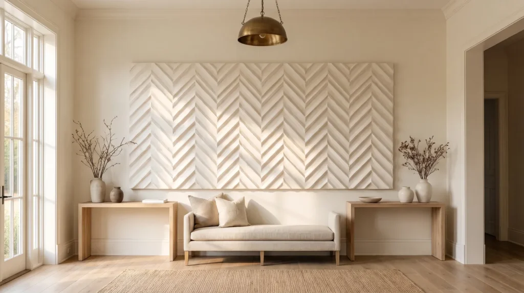 A luxury 3D plaster wall artwork with bold geometric chevron relief in warm white, hanging in an elegant entryway