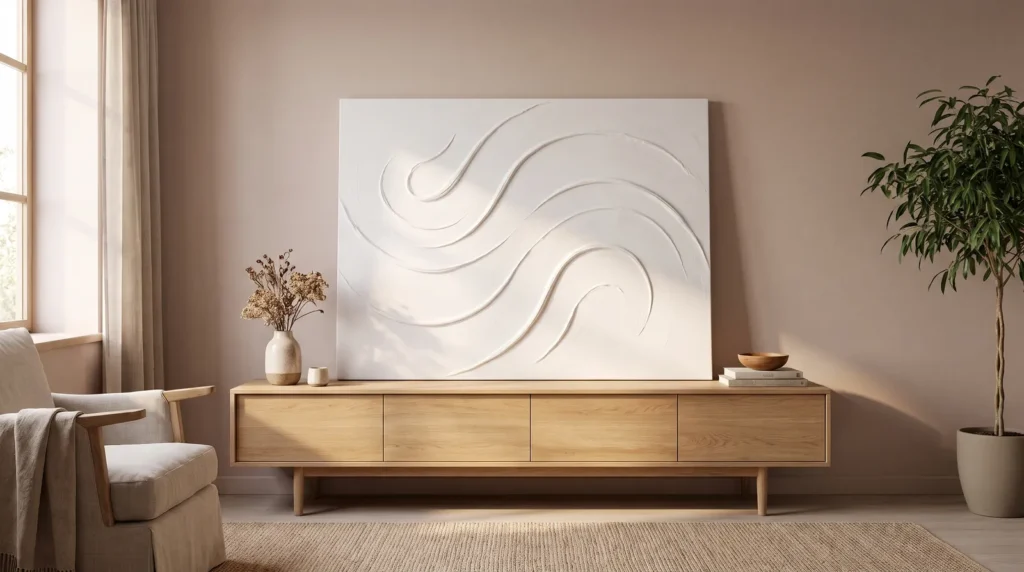 A crack-free modeling paste artwork with smooth, flowing raised swirls in white on canvas, leaning on a light oak console