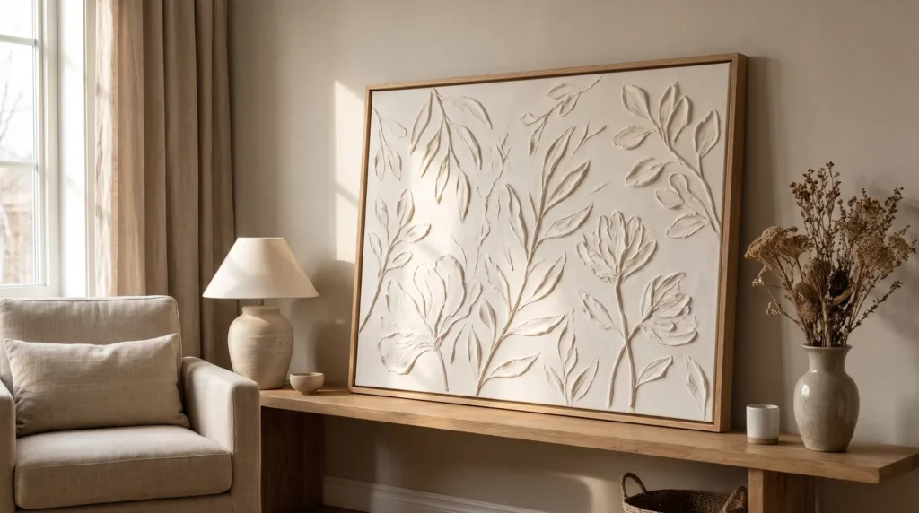 A luxe textured artwork on a canvas board with soft sculpted botanical relief in ivory, framed in thin oak, on a styled shelf