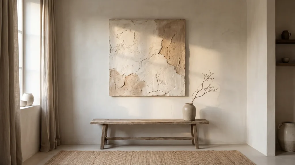 A large wabi sabi plaster artwork with rough, earthy, softly cracked off-white and clay texture hanging on a limewashed wall above a weathered wooden bench with a single dried branch in a stoneware vase