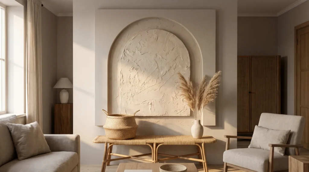 A neutral boho wall artwork with one deeply sculpted arch in warm bone plaster on a greige background, above a rattan bench with a woven basket and pampas grass