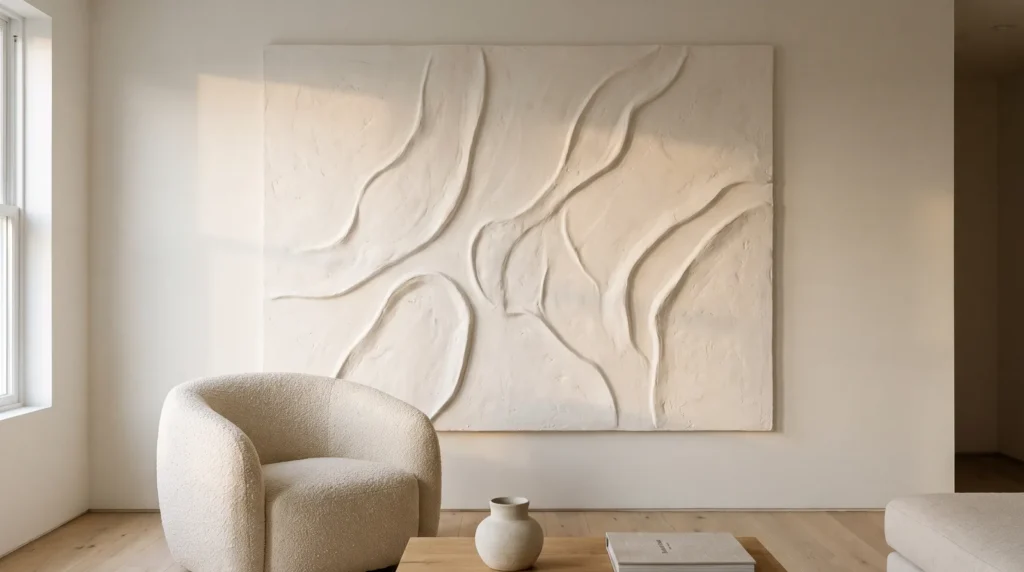A bold sculptural plaster wall artwork with raised organic forms in warm white transforming a plain living room wall above a boucle armchair