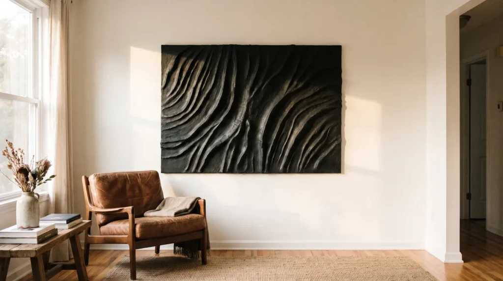 A dramatic 3D black plaster wall artwork with deep ridged texture catching light, hanging on a warm white wall above a leather lounge chair