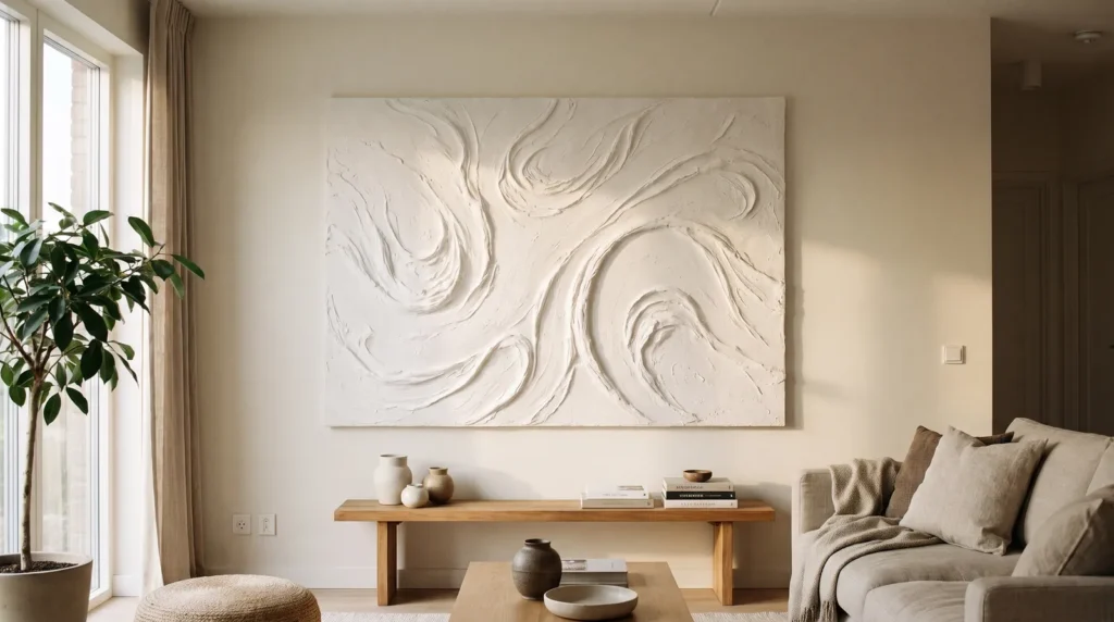 A sealed, crisp white sculpted plaster canvas with deep swirling texture hanging in a bright living room, its surface matte and clean