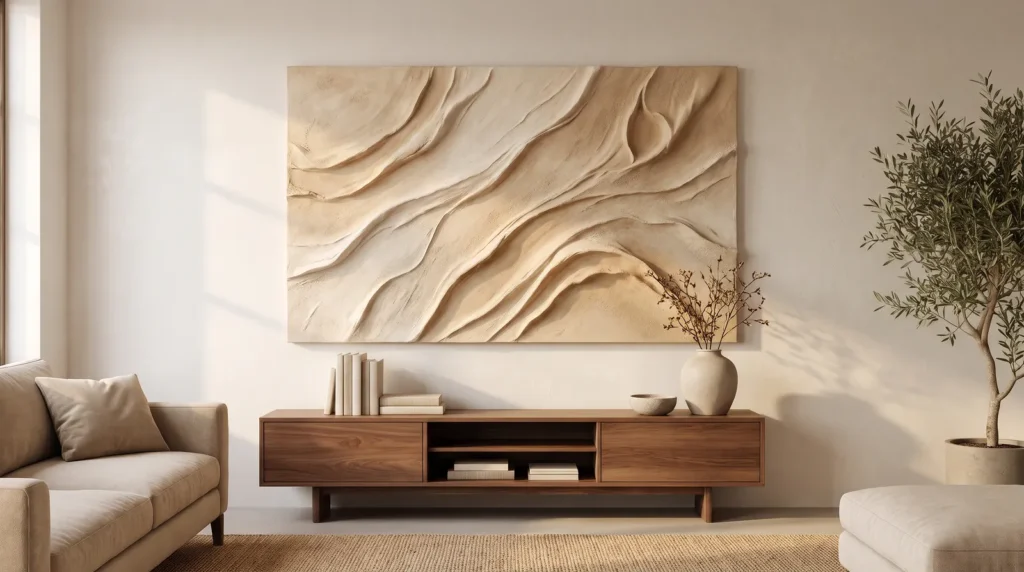 A large abstract plaster wall artwork with dramatic sweeping topographic ridges in warm sand and ivory, hanging above a low walnut console