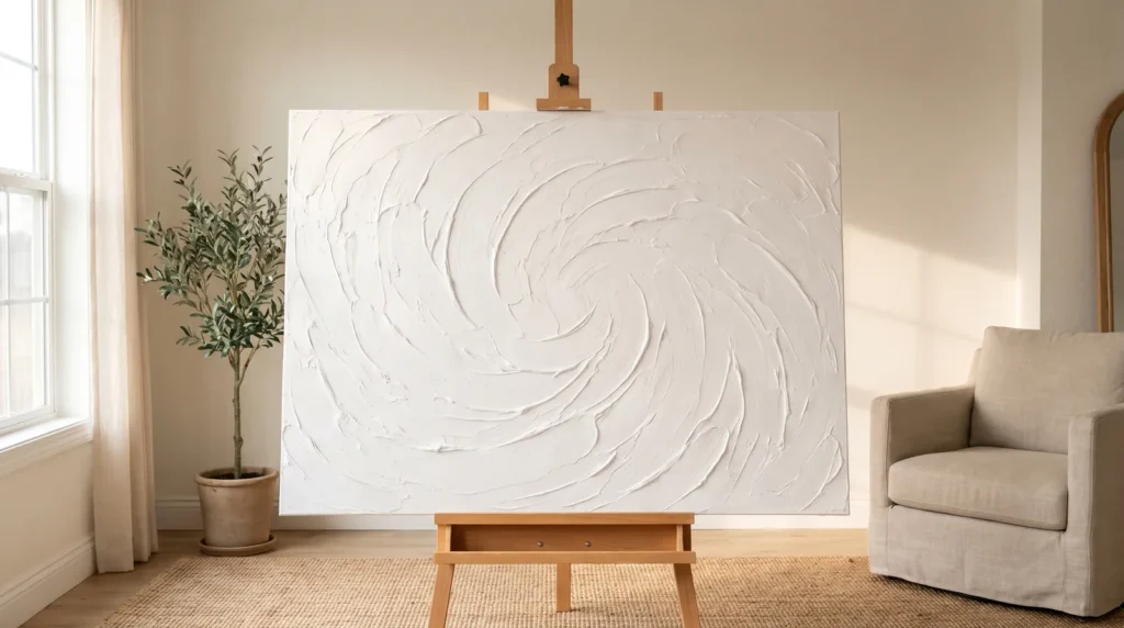 A beginner-friendly textured canvas with soft swirling white palette-knife texture, standing on a simple wooden easel