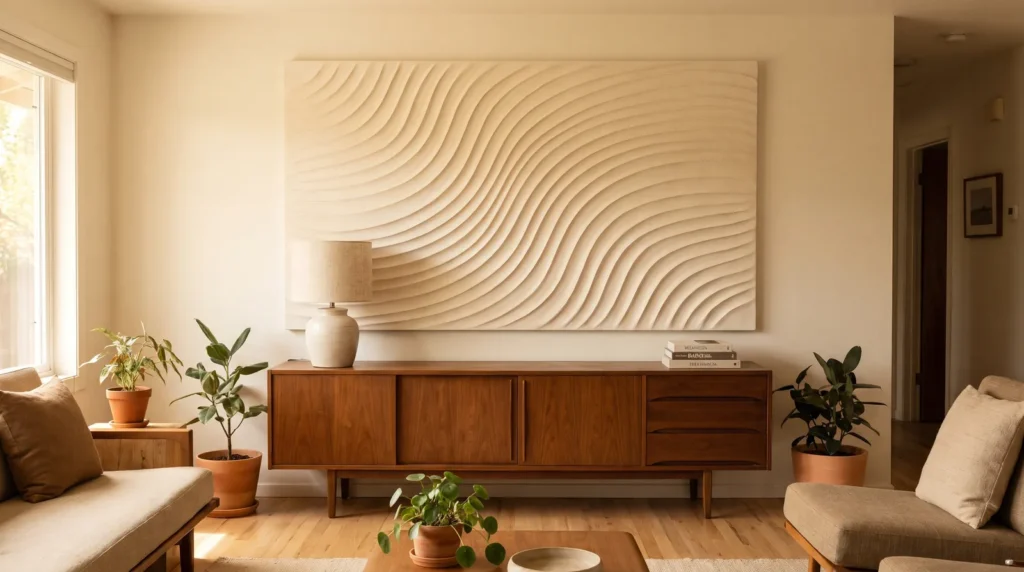 A mid-century modern plaster wall artwork with smooth, flowing parallel wave grooves in warm cream, hanging above a vintage walnut credenza styled with a ceramic lamp and a stack of design books