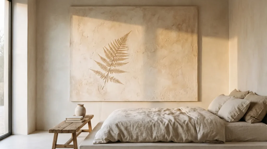 A wabi sabi plaster wall decor piece with soft limewash texture and a pressed dried fern accent, in a serene bedroom with linen bedding