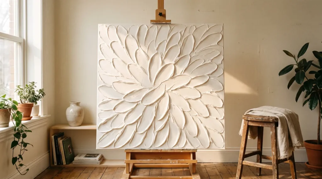 A textured canvas artwork made with spatula strokes forming crisp overlapping petal-like ridges in warm white, on an easel in a bright studio corner