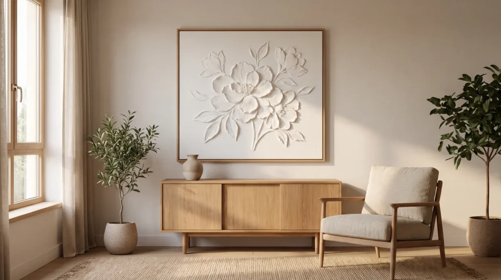A white sculpted plaster flower relief on canvas in a thin oak frame, hanging above a simple sideboard with a ceramic vase