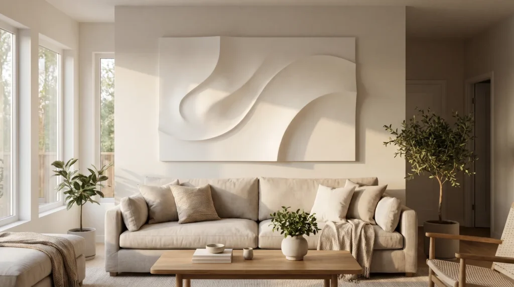 A smooth, crack-free white plaster relief artwork with flowing curves, hanging in a calm, bright living room above a linen sofa