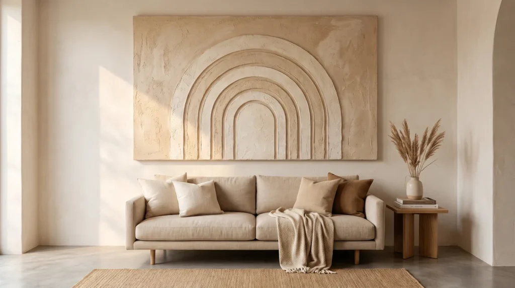 A tall textured arch wall artwork in warm sand and cream plaster with concentric raised arches, hanging above a low linen sofa in a calm living room