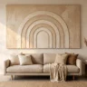 A tall textured arch wall artwork in warm sand and cream plaster with concentric raised arches, hanging above a low linen sofa in a calm living room