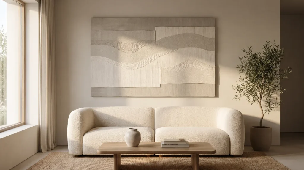 A soft modern neutral wall artwork in greige and warm white with gentle layered texture, hanging above a cream boucle sofa