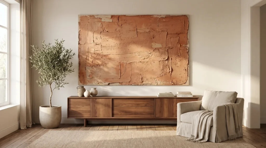 A textured acrylic canvas wall art with rich layered texture in terracotta and sand acrylic tones, hanging above a walnut credenza