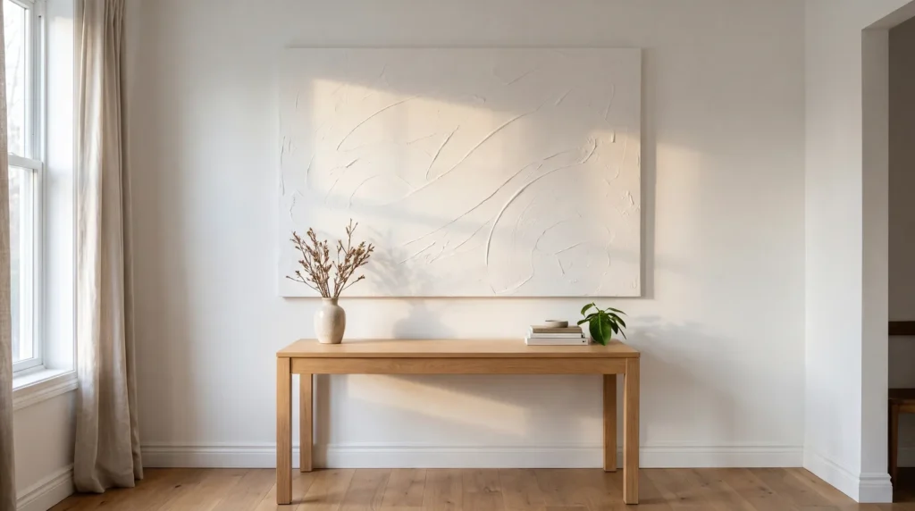 A minimalist white textured plaster canvas with gentle sweeping finger and trowel marks, hanging above a simple oak desk in a bright room