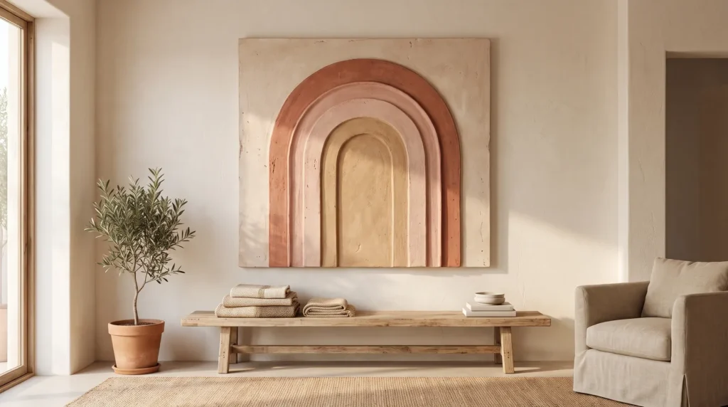 A designer DIY plaster rainbow artwork of layered arches in terracotta, blush and sand tones, hanging above a low wooden bench