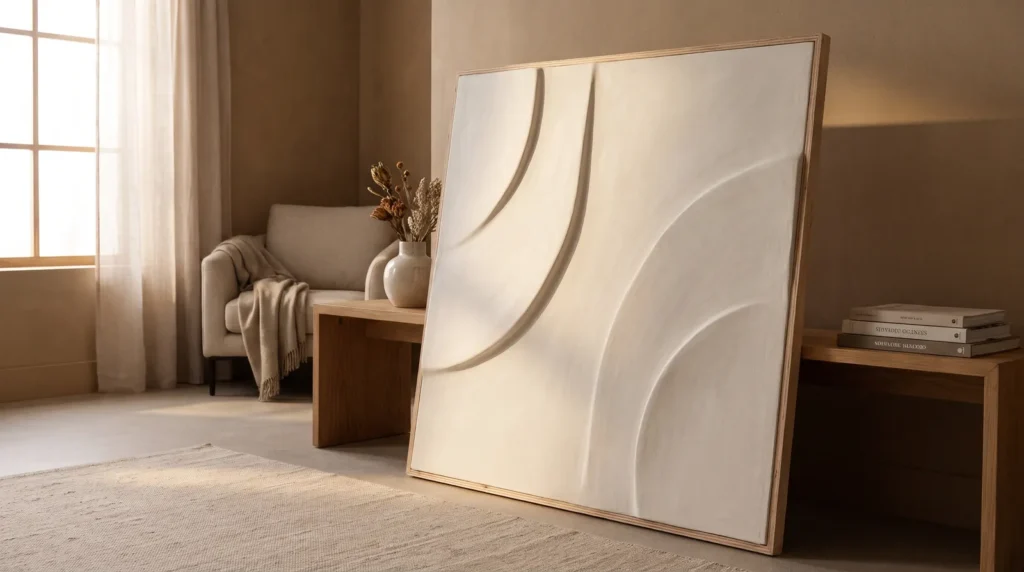 A high-end plaster artwork built on a plywood panel, the exposed plywood edge visible, with refined smooth curved relief in warm white, leaning on a console
