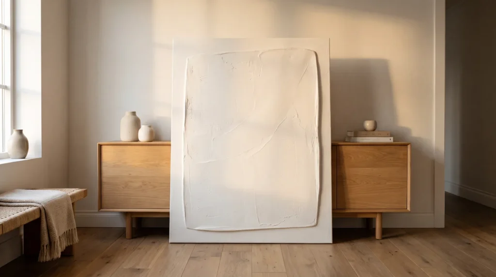 A crisp, polished plaster art canvas with clean straight edges and confident sculpted texture in warm white, leaning on a light oak console
