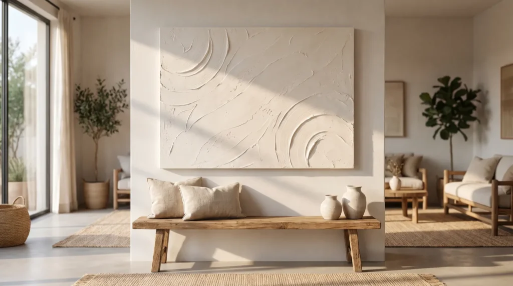 A well-made DIY plaster canvas with clean edges and confident sculpted texture in warm white, hanging above a wooden bench, tools nowhere in sight