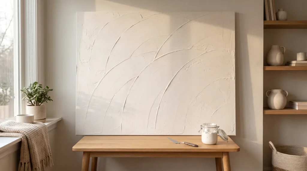 A finished textured canvas with soft sweeping trowel arcs in warm white hanging above a simple oak bench, with a palette knife and an open jar of white paste resting on the bench