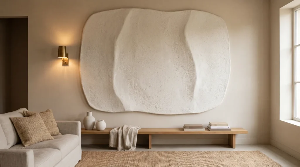 A plaster wall artwork styled in a designer living room, lit from the side by a brass sconce, with layered neutral decor