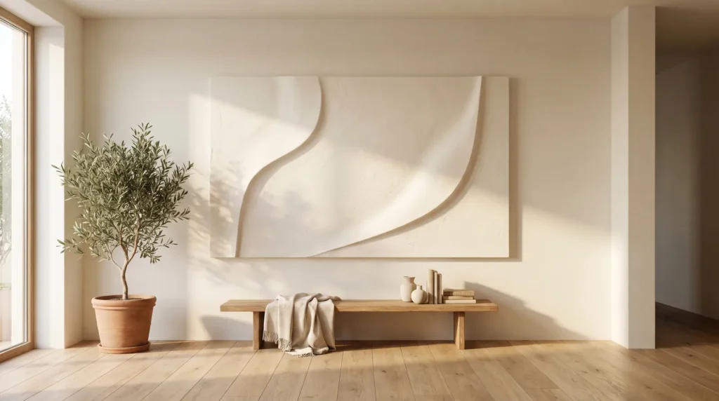 A flawless high-end plaster artwork with smooth, confident relief and clean edges in ivory, hanging in a calm, bright room
