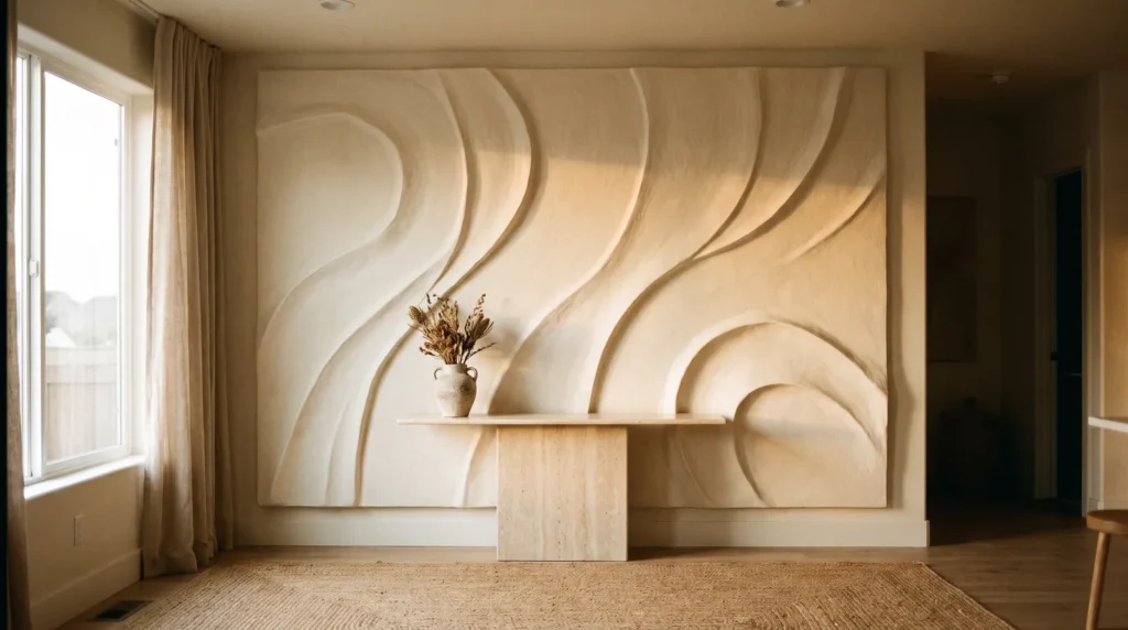 A luxe plaster wall artwork with large flowing relief curves in warm ivory, styled above a travertine console with a ceramic vase