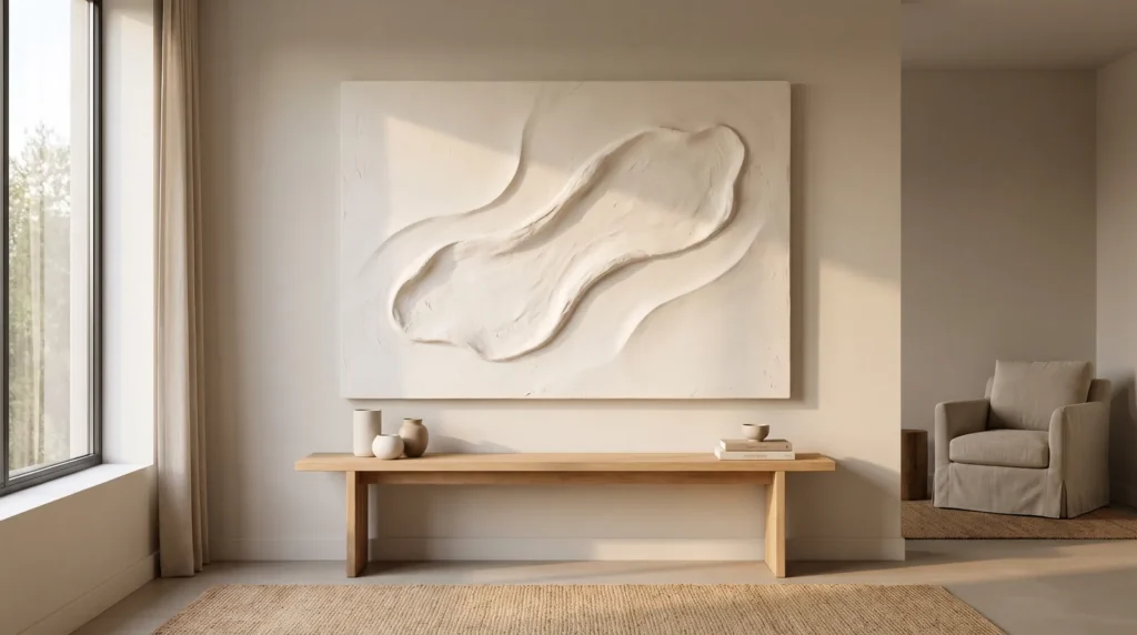 A DIY plaster canvas art piece that looks expensive, with crisp sculpted texture in warm white, hanging above a minimalist console