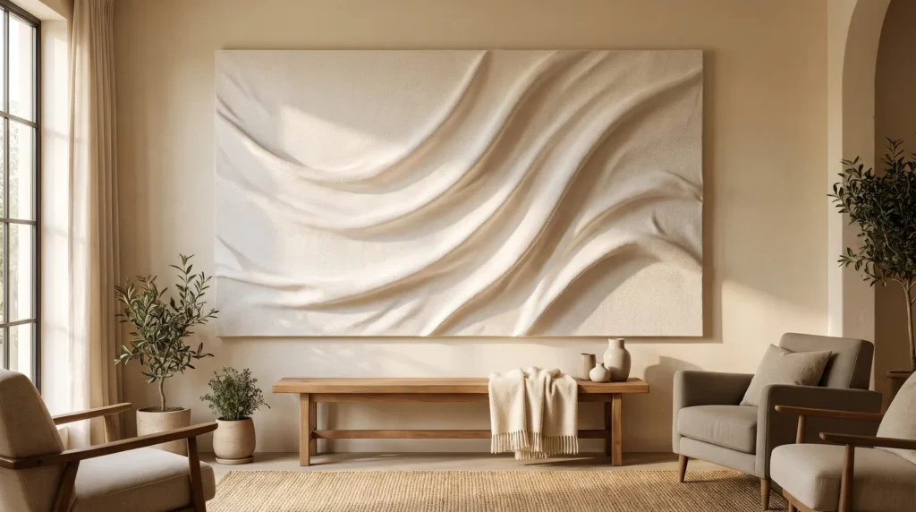 A textured canvas art piece that looks expensive, with soft sculpted waves in warm white, hanging above a simple wooden bench