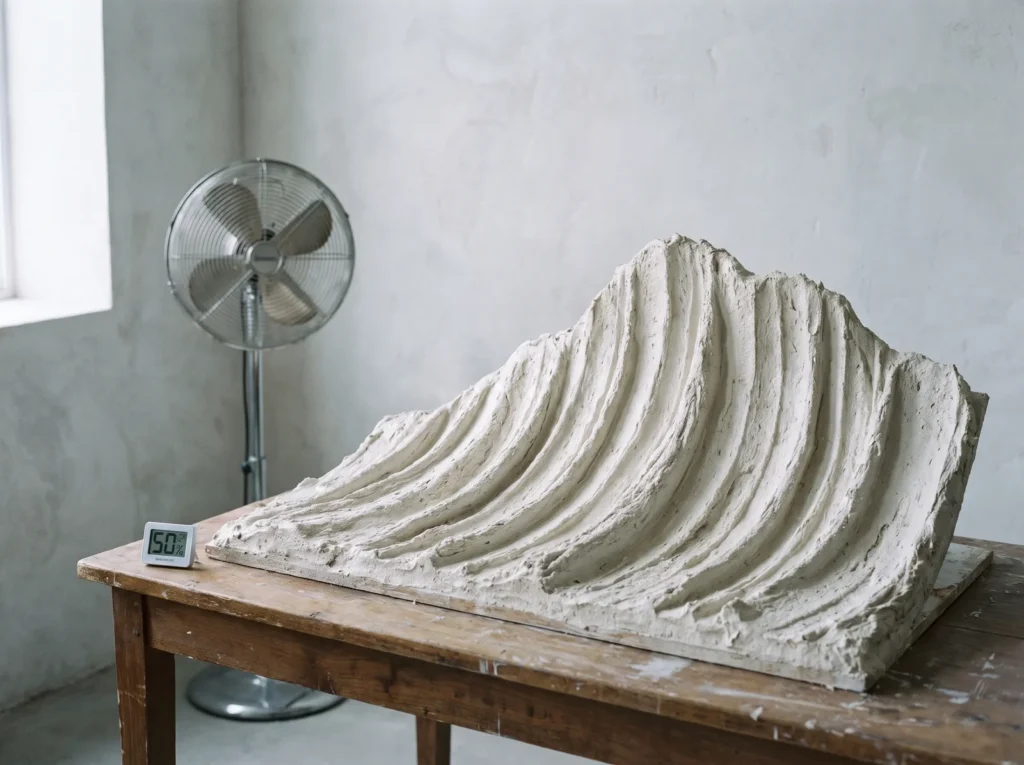 Hygrometer showing about 50 percent humidity beside drywall mud art curing, with a fan turned away from it.