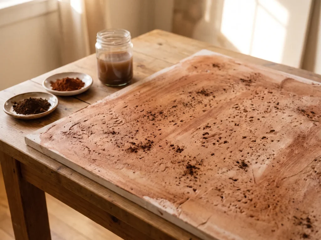Raw umber and burnt sienna iron oxide pigments beside a joint compound panel washed in earthy mineral color.