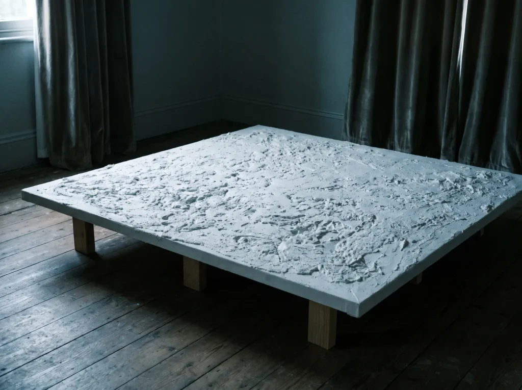 Large textured plaster canvas drying flat in a cool, dim room with no fan or heater.
