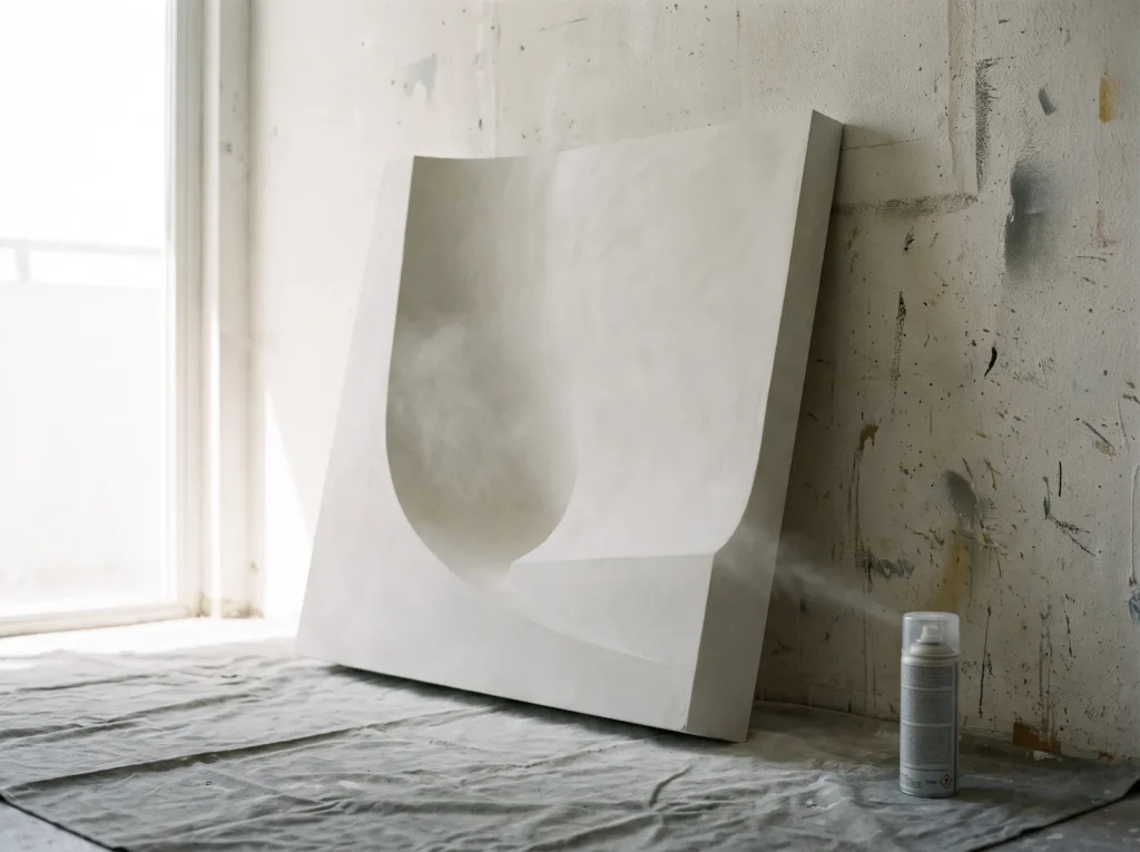 Aerosol can of matte acrylic varnish beside a cured white plaster artwork, with a faint mist of sealer in front of it.