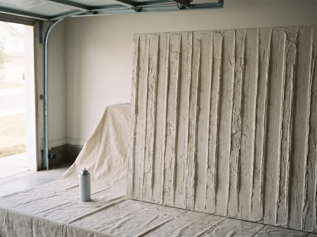 Spray can of clear matte polyurethane next to a drywall mud art board receiving light sealing coats.