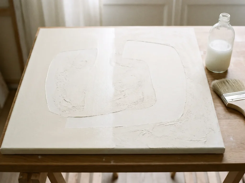 Bottle of matte varnish and a soft brush beside a chalky textured canvas that stays flat after sealing.