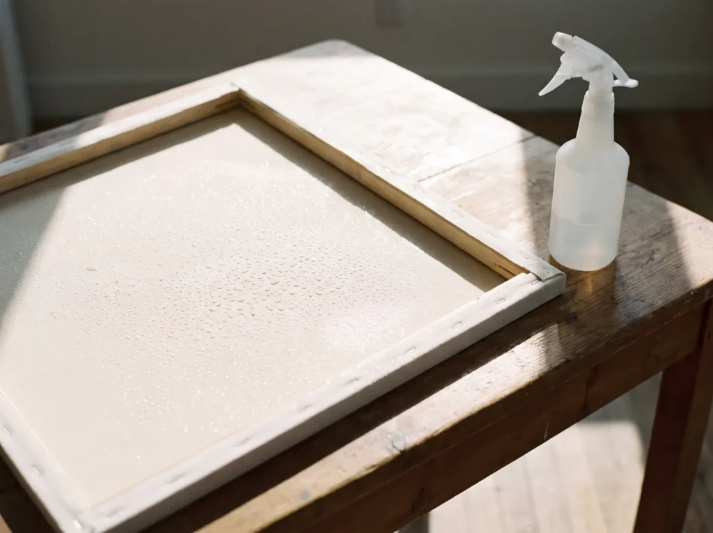 Spray bottle beside the back of a canvas lightly misted with warm water to tighten the fabric.