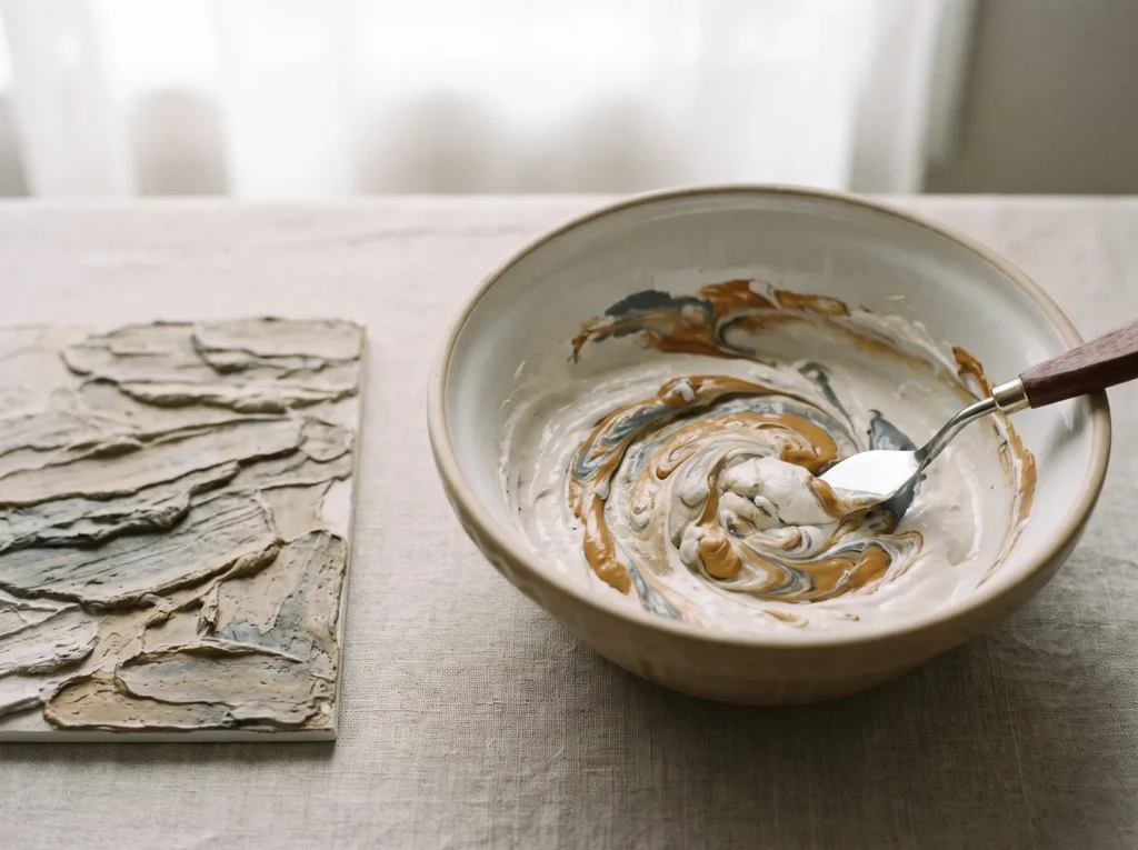 Earthy pigment folded into wet modeling paste in a bowl, beside a dried tinted panel that looks like natural stone.