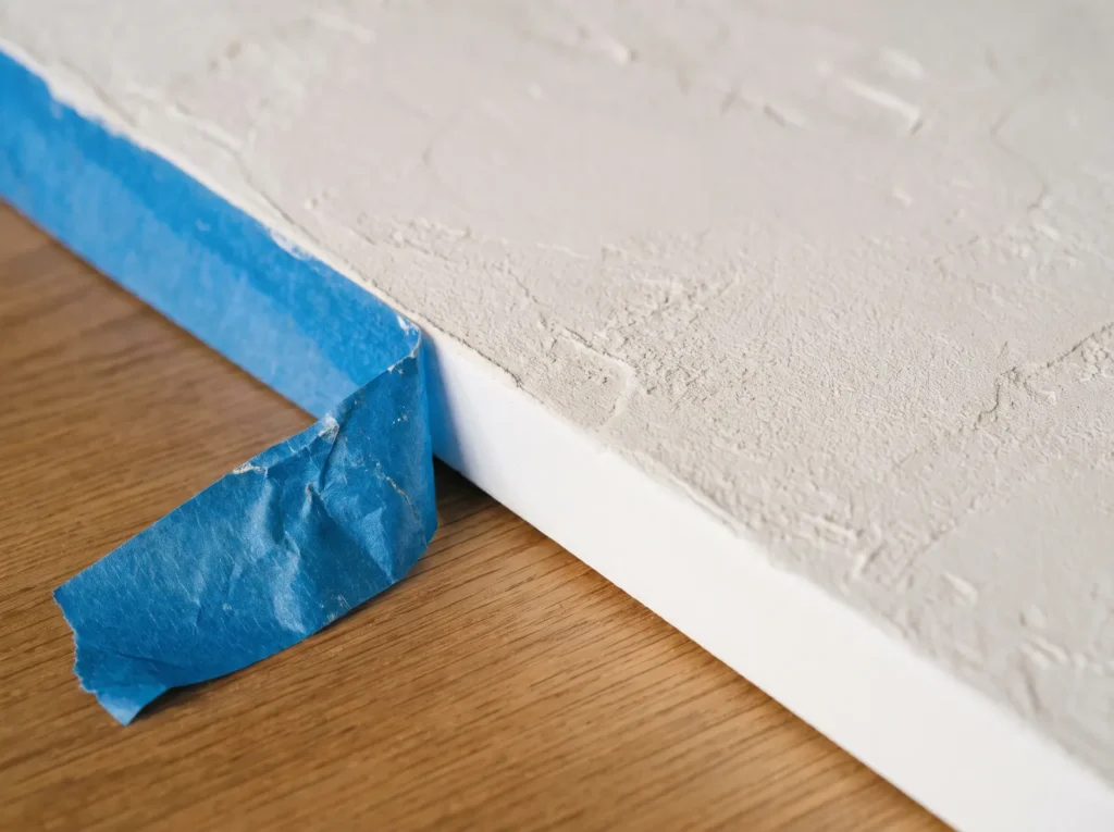 Painter's tape peeled from the side of a dry plaster canvas, revealing a crisp clean white edge.