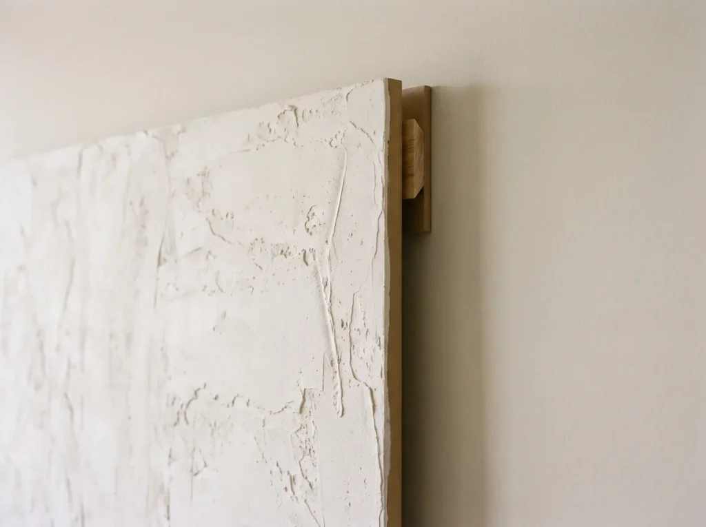 Side view of a large plaster mural on an MDF board hung on a French cleat, keeping the rental wall untouched.