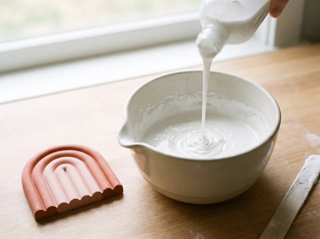 White PVA glue poured into a bowl of wet plaster of Paris, next to a small rainbow arch test panel.