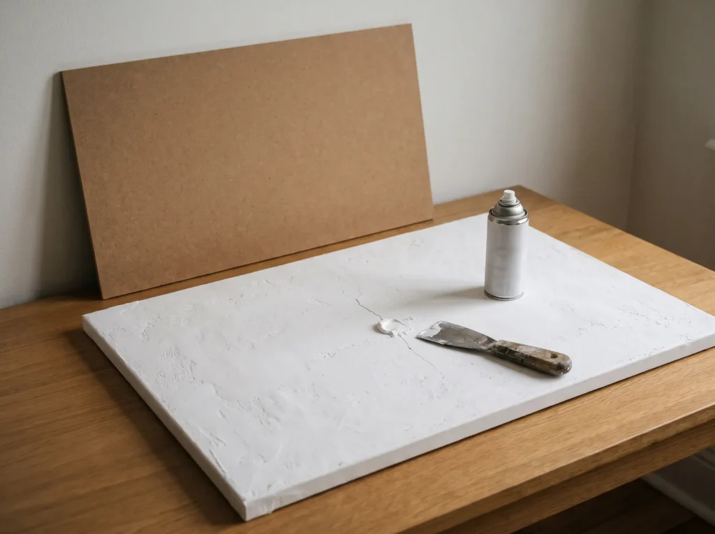 Small putty knife with fresh spackle beside a hairline crack in a sealed plaster canvas, with an MDF backing board nearby.